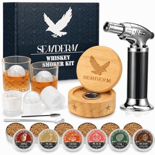 Semderm Whiskey Smoker Kit with Torch - Old Fashioned Cocktail & Bourbon Infuser Set, 2 Glasses, Wood Chips