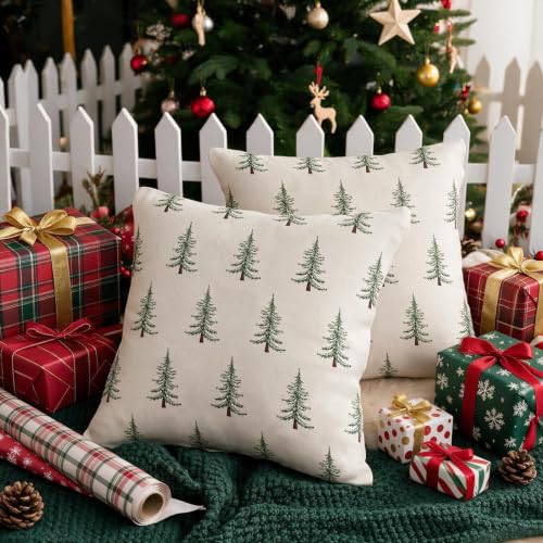 Smozenith Christmas Pillow Covers 18x18 Dark Light Green Set of 2 | Xmas Tree Decor