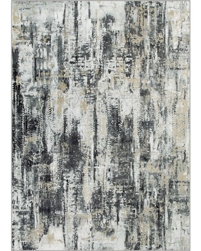 8x10 Washable Abstract Area Rug - Black, Grey & Gold Non-Slip Carpet