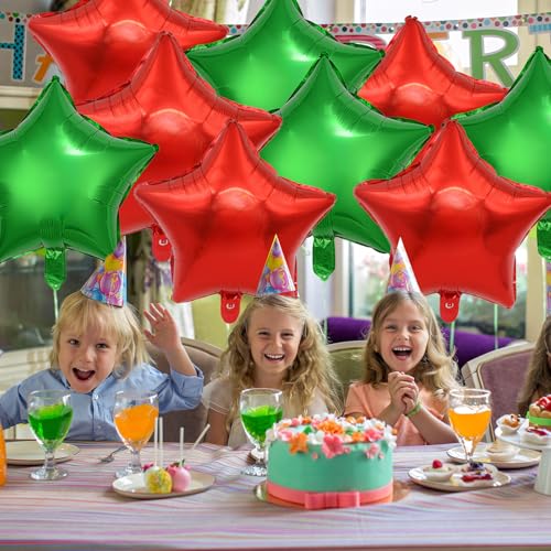 Kalor Red & Green Star Foil Balloons 18in, Pack of 10 – Mylar Star Balloons for Birthdayes, Weddings & Parties (Red & Green)