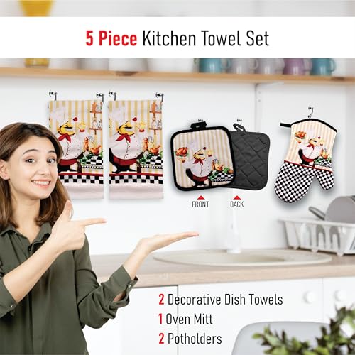 5-Piece Chef Design Kitchen Linen Set with Towels, Oven Mitt and Potholders