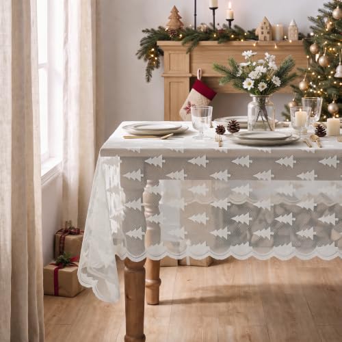 Christmas Lace Table Cloth 60x84 Inch Rectangular White Xmas Tree Decor - Horaldaily Variation of THIS listing