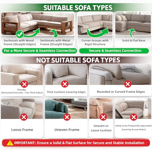 Universal Sectional Couch Connector Brackets with Hardware - 4 Sets (8 Pcs)