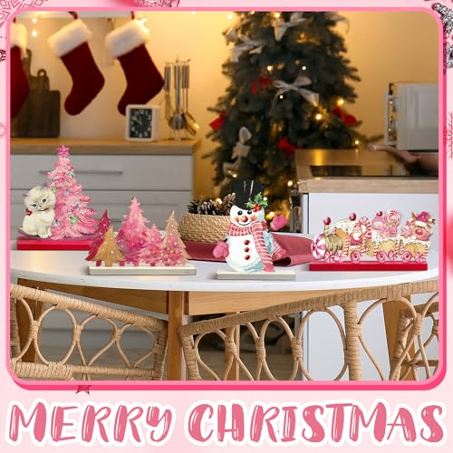 Pink Wooden Christmas Centerpieces - Set of 6 Holiday Table Decorations