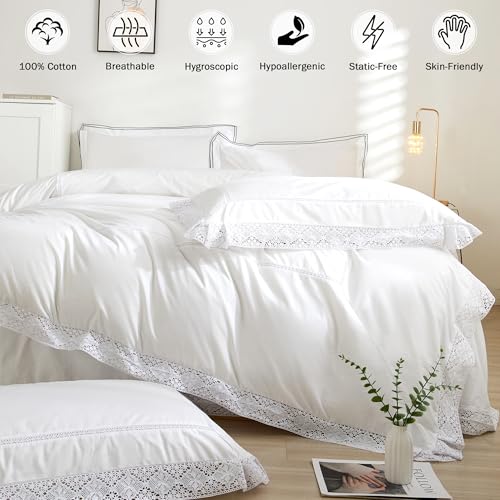 100% Cotton White Duvet Cover with Lace Trim - 90x90 Inches
