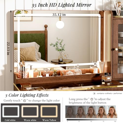 Modern Makeup Vanity Desk with Lighted Mirror, 7 Drawers & Charging Station