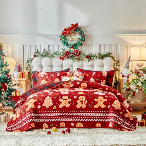 UOZZI BEDDING Christmas Quilt Set Red Stripes with Gingerbread Men, Gingham Reversible King