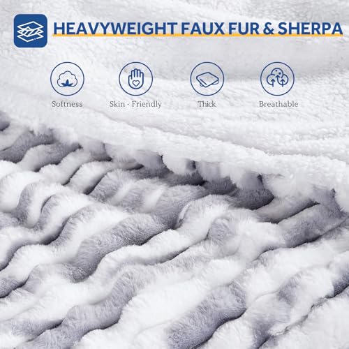 Electric Blanket Throw 50x60, Faux Fur to Sherpa, Blue White - 6 Heating Levels, Auto Off, Machine Washable
