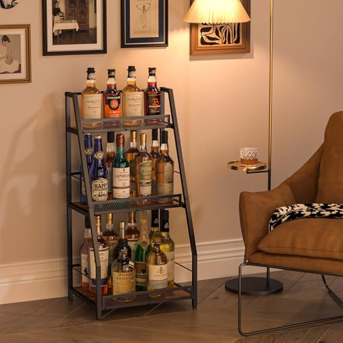 3-Tier Stepped Liquor Display Stand - Freestanding Wood & Iron Wine Rack