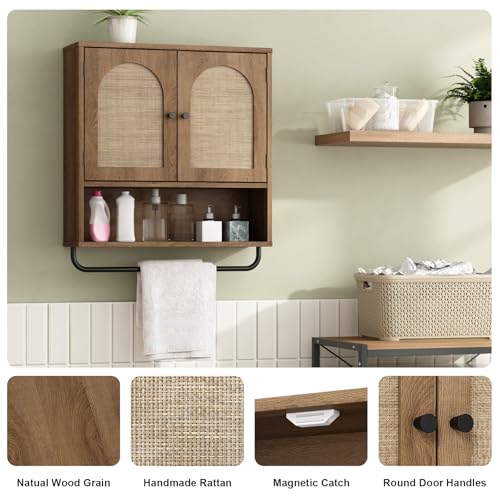 Boho Rattan Wall Cabinet with Arched Doors and Towel Bar, Rustic Oak