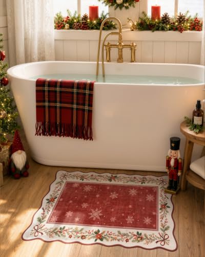 Lahome Red Christmas Kitchen Rug 2x3 with Scalloped Edges, Holiday Entryway Mat