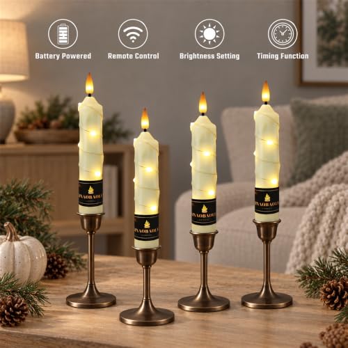 Ivory Flameless Taper Candles 4 Pack - Battery Operated LED with Remote & Flickering Flame, 6.5 Inch for Holiday Decor