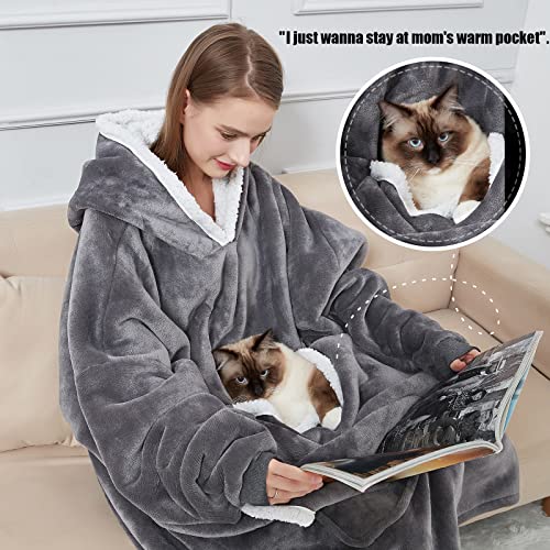 Oversized Wearable Blanket Hoodie with Giant Pet Pouch - Grey Sherpa
