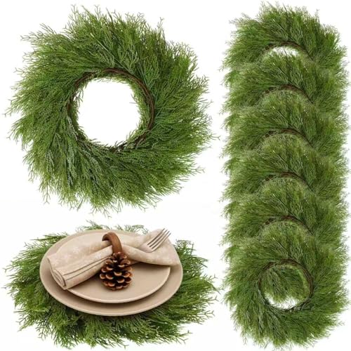 Christmas Pine Needles Placemat Set of 6 - Artificial Wreath Charger for Festive Table Decor