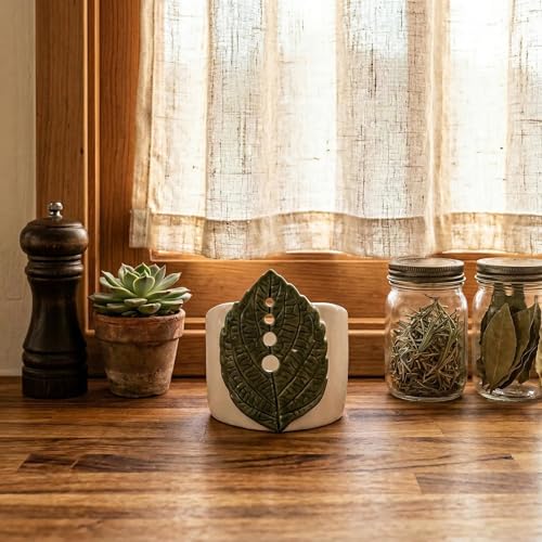 Ceramic Leaf Herb Stripper Bowl - Decorative Pottery Kitchen Tool