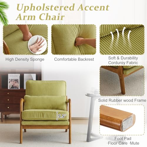 Mid-Century Corduroy Accent Chair with Lumbar Pillow and Solid Wood Arms