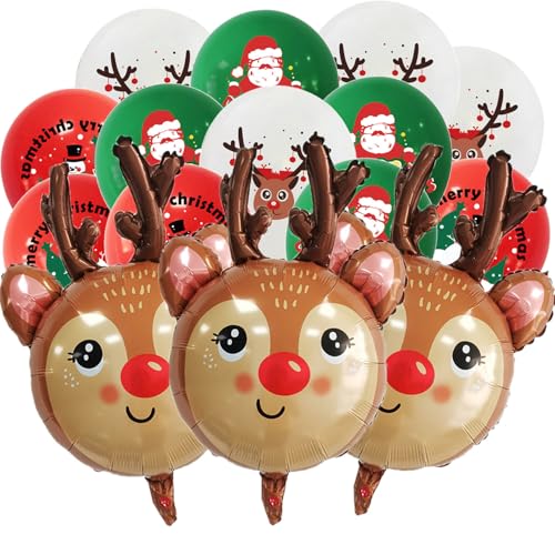 HADCKJA Reindeer Balloons - 15Pcs Christmas Balloon Kit (3 large reindeer foil + 12 assorted latex)