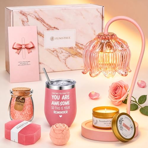 Funistree Flower Candle Warmer Lamp with Timer - Pink Full Set Gift, Lavender Vanilla Oud