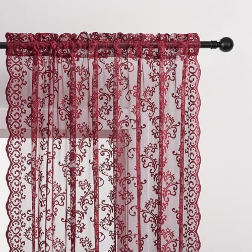Burgundy Lace Curtains 84 Inches Long - 2 Panels Light Filtering Drapes