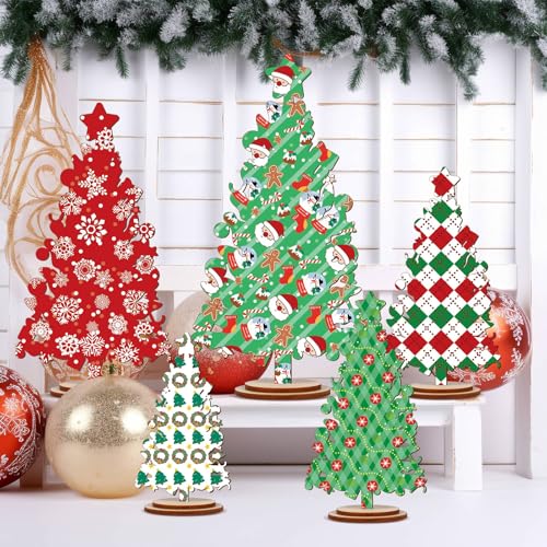 5 Pcs Rustic Wooden Christmas Tree Table Decor - Freestanding Shelf