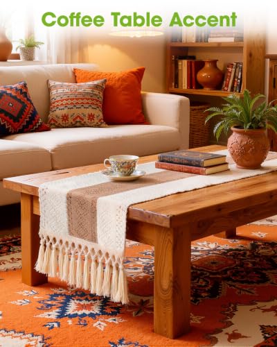 Boho Table Runner 12 x 72 Inch, Farmhouse Linen Textured Runner with Tassels