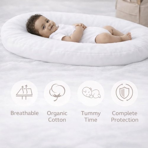 Aila + Aiden Baby Lounger - Organic Cotton Infant Lounger | Adjustable & Portable Floor Lounger - Soft, Breathable Cover (White)