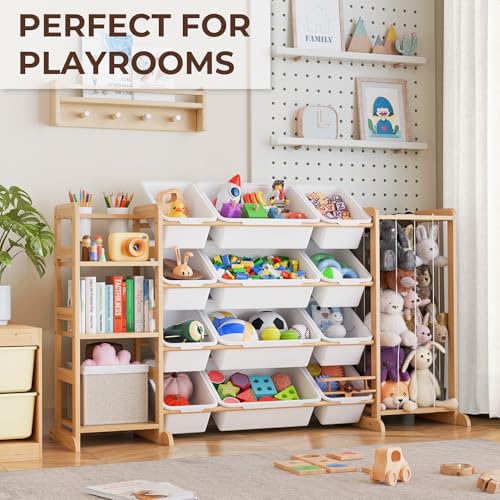 Wooden Kids Toy Storage Organizer with Bookshelf & 12 Removable Bins