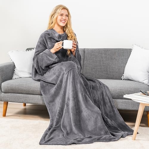 Wearable Fleece Blanket with Sleeves for Adults, Cozy Warm Wrap Throw