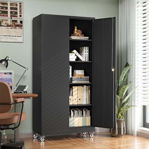 75-Inch Rolling Metal Garage Storage Cabinet with Lockable Doors - Black