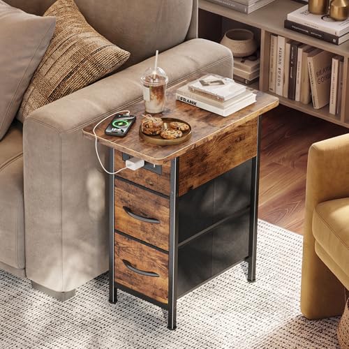 Narrow End Table with Charging Station, 2 Drawers & Flip-Top Storage