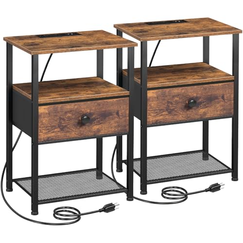 Nightstands Set of 2 with Charging Station, Fabric Drawer & Open Shelf