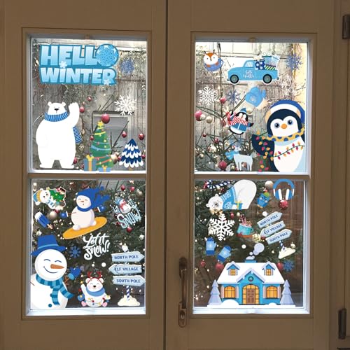 Xzentira Winter Window Clings Set - Reusable Double-Sided Christmas Decals, 8 Sheets