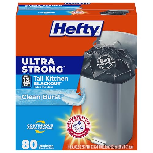 Hefty Ultra Strong 13 Gallon Trash Bags, Black, Clean Burst, 80 Count