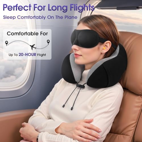Memory Foam Travel Neck Pillow with Eye Mask & Earplugs - Black