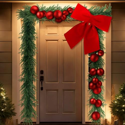 Christmas Outdoor Garland with Jumbo Velvet Bow, 24 Inch Festive Decor