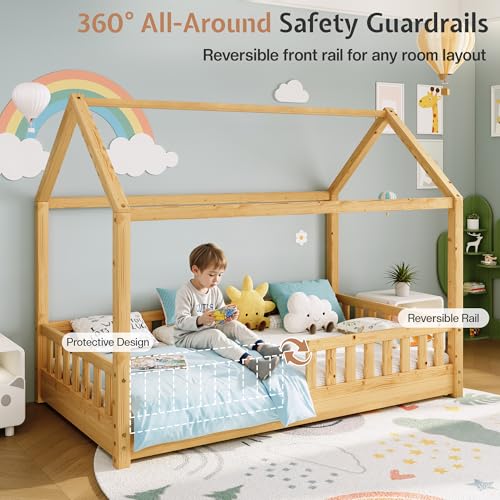 Solid Wood Twin House Bed for Kids with Guardrails and Playhouse Roof