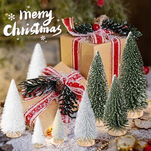 KPX 9pcs Mini Christmas Tree Set - Green, Silver, White Desktop Artificial Pine Trees with Wooden Bases