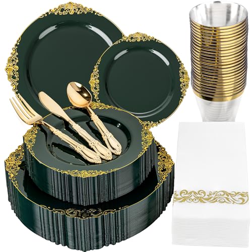 Morejoy Green Gold 175PCS Plastic Dinnerware Set - 25 Plates, 25 Dessert Plates, 25 Cups & 25 Utensils (Green & Gold)