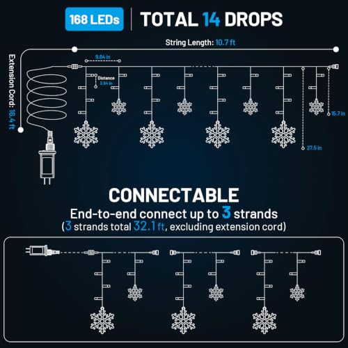 Suddu Christmas Snowflake Lights Outdoor 168 LED Cool White 10.7ft Connectable