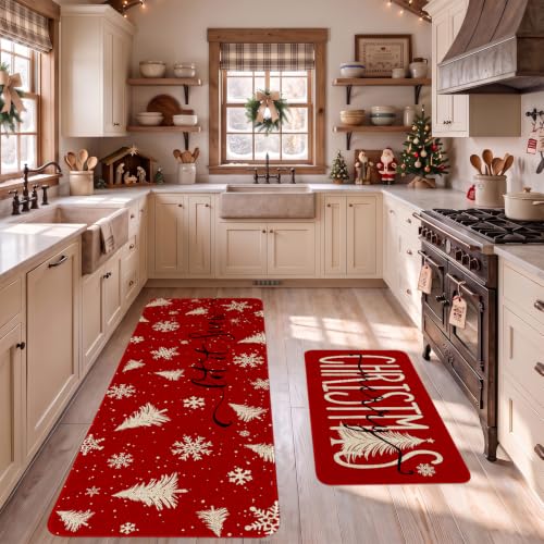 Christmas Kitchen Mats Set of 2 with Tree & Snowflake on Red—Non-Slip, 17x30 & 17x47 in