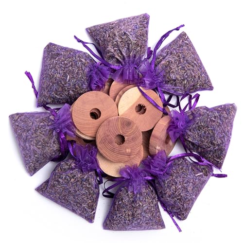 Natural Cedar Wood Rings and Dried Lavender Sachets Set - 24 Piece