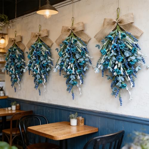 2-Pack Artificial Teardrop Swag Wreaths with Blue Daisies and Eucalyptus