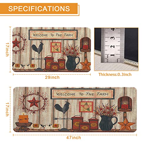 Farmhouse Rooster Kitchen Mat Set - Non-Slip Rustic Floor Rugs (2 Pack)