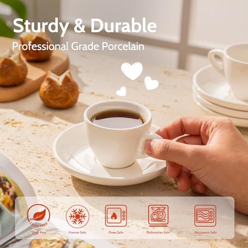 Sweese 2oz White Porcelain Espresso Cups & Saucers Set of 6 - Daily Coffee Ritual