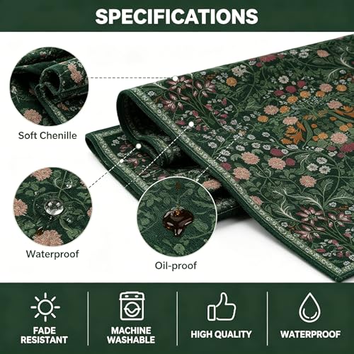 OYIMUA Blossoms Chenille Waterproof Table Runner 13x72 inches for Dining & Decor, Dark Green Floral Summer Rustic