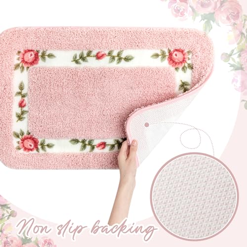 2-Piece Pink Rose Flower Bathroom Rug Set, Non-Slip Absorbent Floral Mats