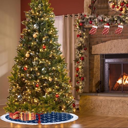 GHYGTY Nautical Navy Blue Christmas Tree Skirt 48" with White Anchor & Tassel Edge - Style 1