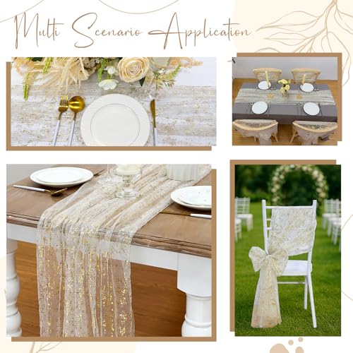 AerWo 8 Pcs Gold Table Runner 10FT Sheer Sparkle Wedding Party Decor