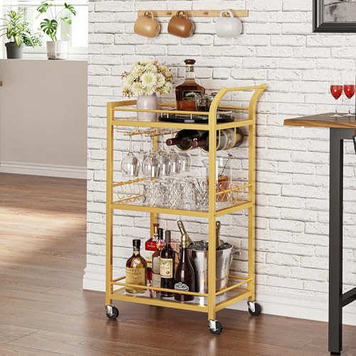 3-Tier Gold Bar Cart with Mirrored Shelves, Wine Rack & Glass Holder