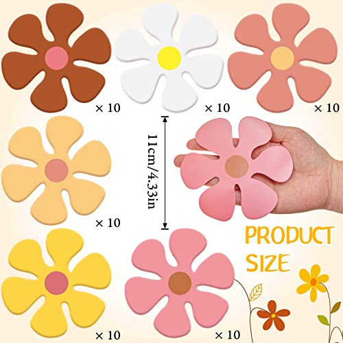 60 Pcs Groovy Retro Daisy Flower Cutouts for Party and Room Decor